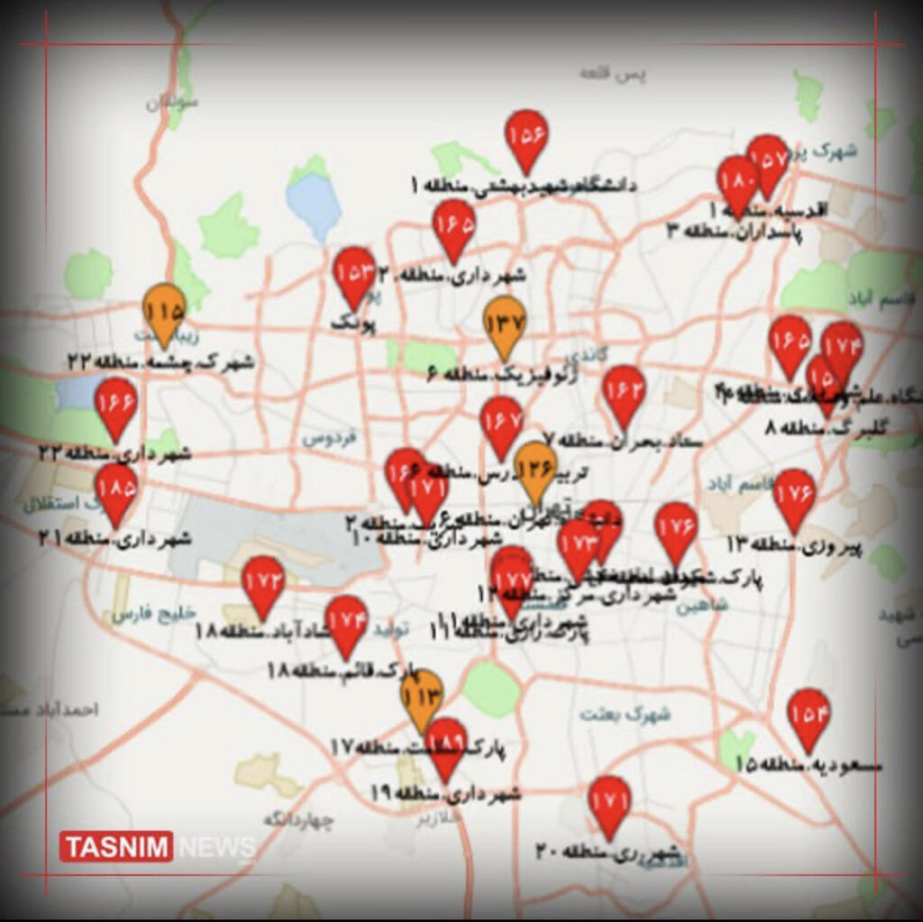 ۲۴ ایستگاه سنجش هوای تهران در وضعیت قرمز
